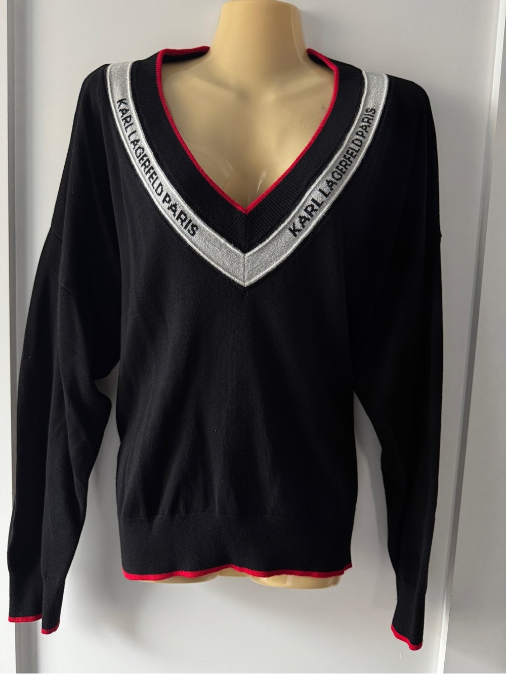 Karl Lagerfeld Black V-Neck Sweater with Silver Band and Red Trim